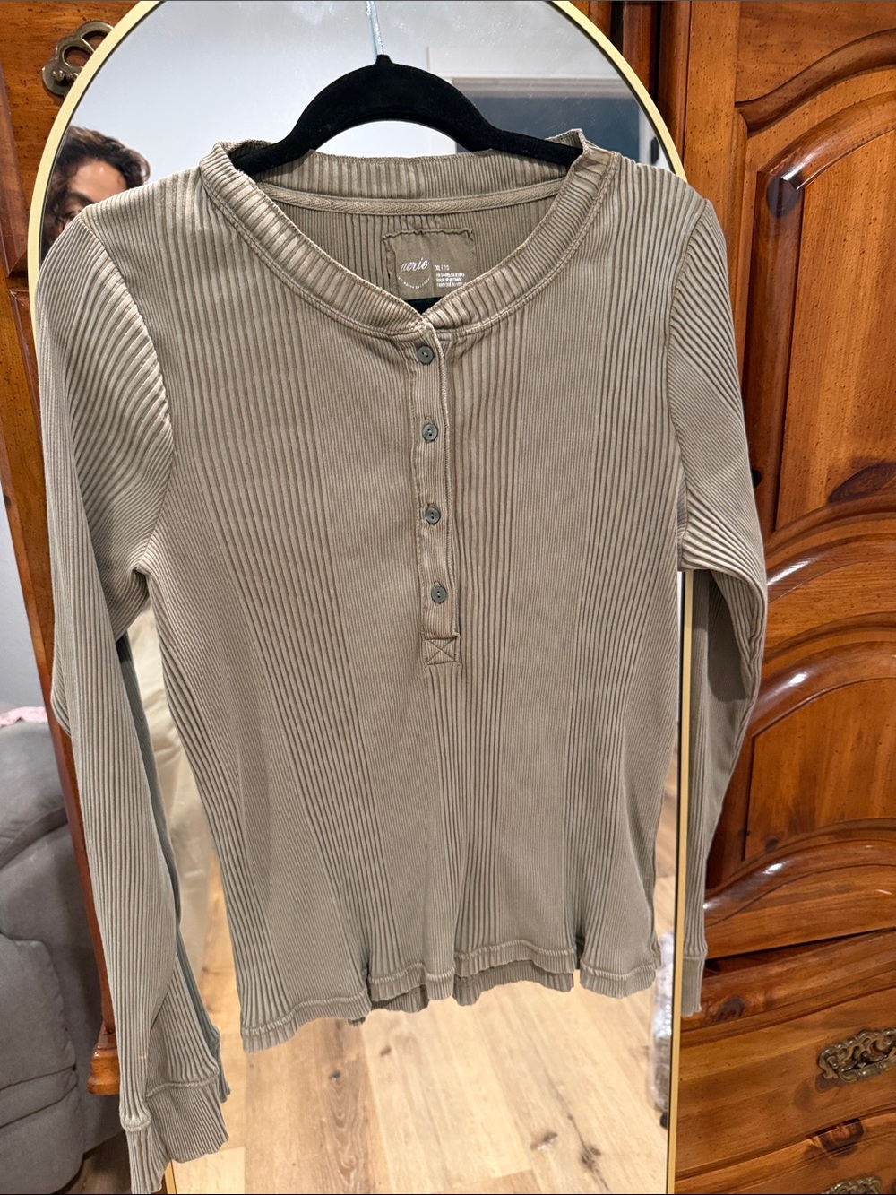 aerie Ribbed Long-Sleeve Henley Top - Taupe
